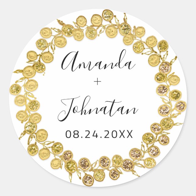 Sticker Rond Holographique Nom Simplement Date Couronne Noir Or (Devant)