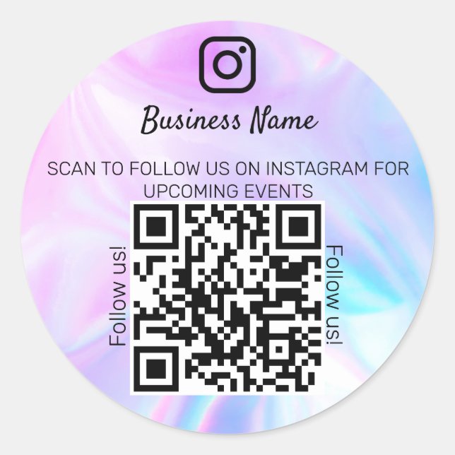 Sticker Rond Holographique opale nom d'entreprise qr code insta (Devant)