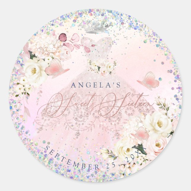 Sticker Rond Holographique Sweet sixteen Confetti Blush rose Go (Devant)