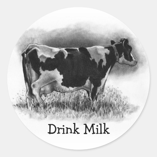 Sticker Rond Holstein Cow : Dessin au crayon original : Laitier (Devant)