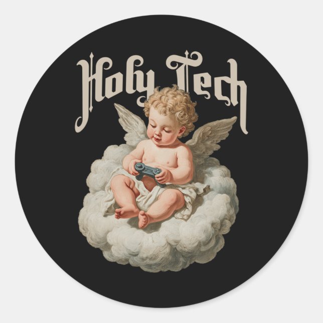 Sticker Rond Holy Tech Gamer Angel Funny Cherob Ba  (Devant)