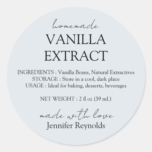 Sticker Rond Homemade Vanilla Extract blue grey Instructions (Devant)