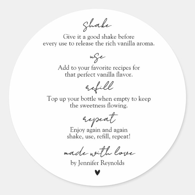 Sticker Rond Homemade Vanilla Extract Shake Use Refill Repeat (Devant)