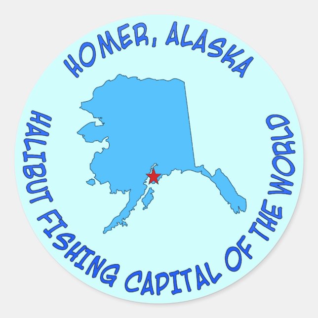 Sticker Rond Homer, Alaska Halibut Capitale de la pêche du mond (Devant)