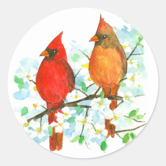 Sticker Rond Homme Femme Cardinal Oiseaux Dogwood Tree (Devant)