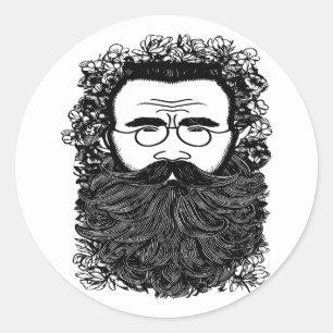 Sticker Rond Homme Whimsical Beard Mustache Fleurs Art