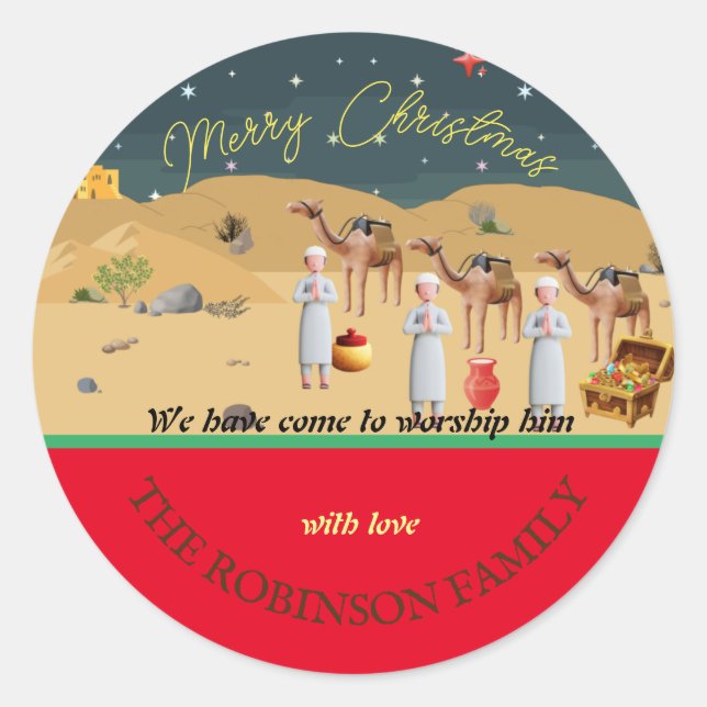 Sticker Rond Hommes sages avec cadeaux Nativité Histoire (Devant)