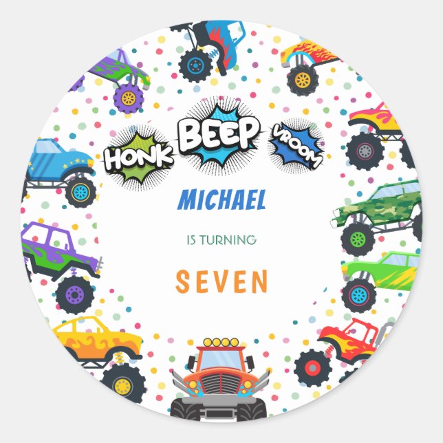 Sticker Rond Honer beep vroom monstre camions garçon anniversai (Devant)