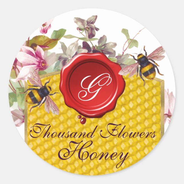 STICKER ROND HONEY BEE, CYCLAMEN FLEURS RED WAX SEAL MONOGRAMME (Devant)