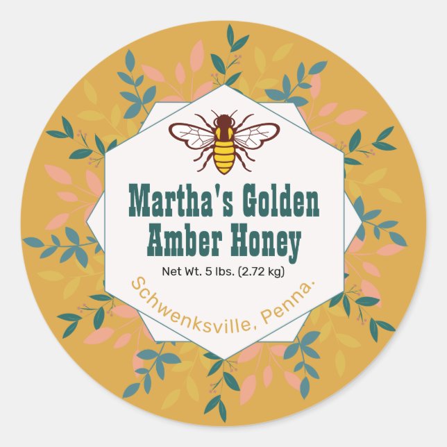 Sticker Rond Honey Bee Wreath Light Amber Gold Honey Jar (Devant)