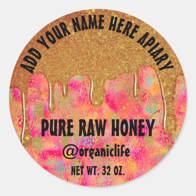 Sticker Rond Honey Jar Honeybee Honeycomb Gold Drib Rose Rouge (Devant)