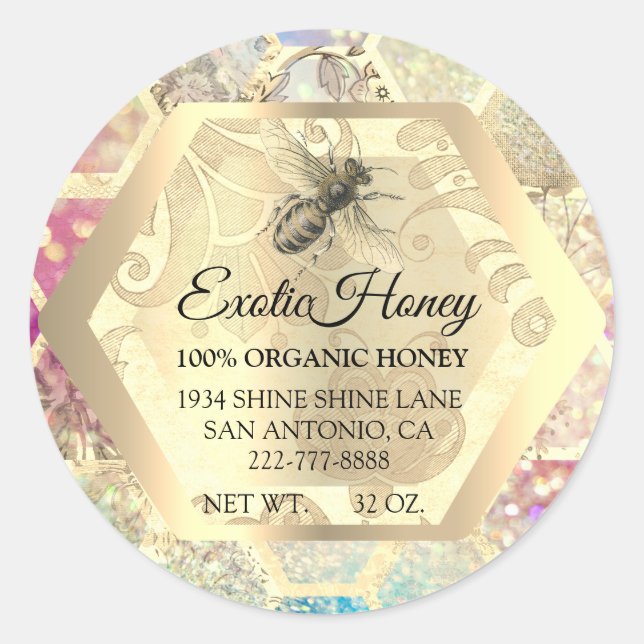 Sticker Rond Honey Jar Honeybee Honeypeb Apiary Gold Bee (Devant)