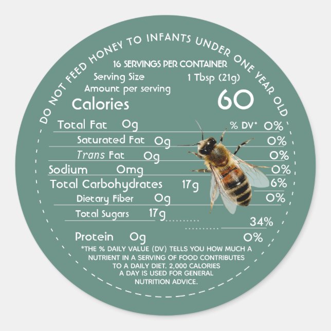 Sticker Rond Honey Nutrition Facts Infection Warning & Bee Gree (Devant)