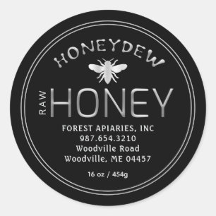 Sticker Rond HONEYDEW FOREST HONEY Argent sur noir avec abeille