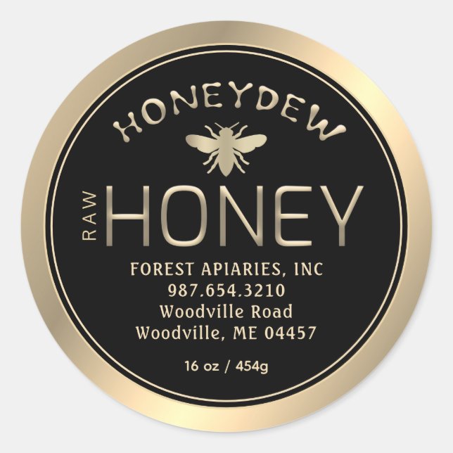 Sticker Rond HONEYDEW FORÊT HONEY Or sur le noir avec l'abeille (Devant)