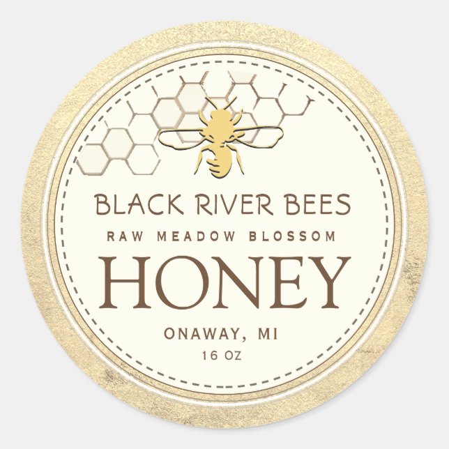 Sticker Rond Honeypeb & Bee Raw Miel Iridescente Bordure Jaune (Devant)