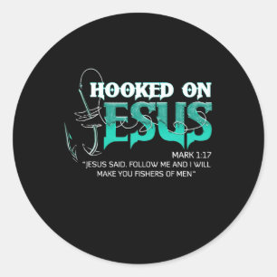 Sticker Rond Hooked on Jesus Funny Fishing