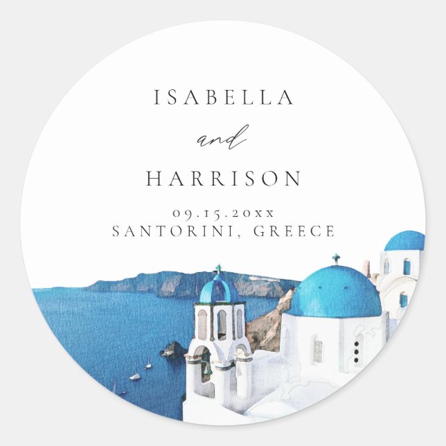 Sticker Rond HORIZON DE SANTORINI GRÈCE Aquarelle Destination (Devant)