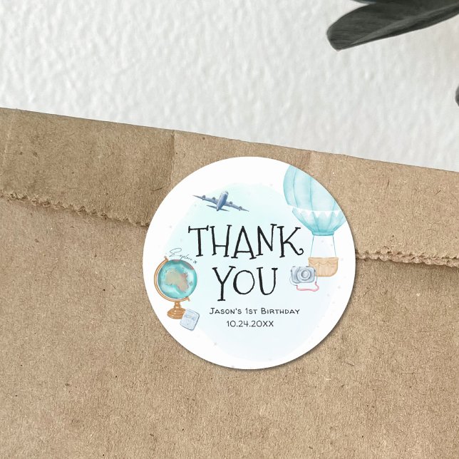 Sticker Rond Hot Air Balloon Adventure Blue 1er anniversaire Me (Créateur téléchargé)