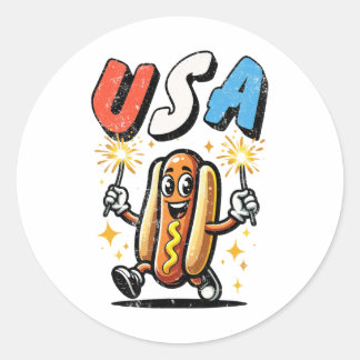 Sticker Rond Hot Dog 4 juillet Fireworks Independence Day Ret
