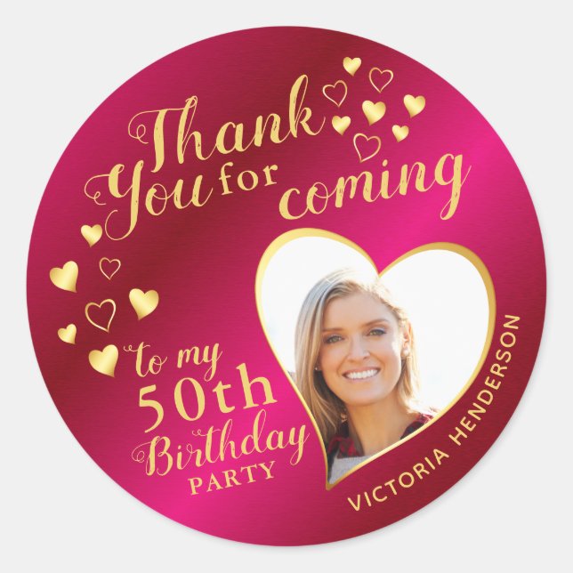 Sticker Rond Hot rose et or 50e anniversaire Merci Favor (Devant)