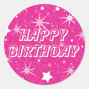 Sticker Rond Hot rose Étoiles Étincelles joyeuses fête d'annive