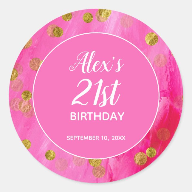Sticker Rond Hot rose Parties scintillant 21e anniversaire Nom (Devant)