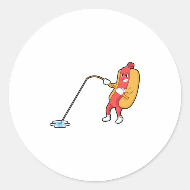 Sticker Rond Hotdog à la pêche avec bâtonnet de pêche (Devant)