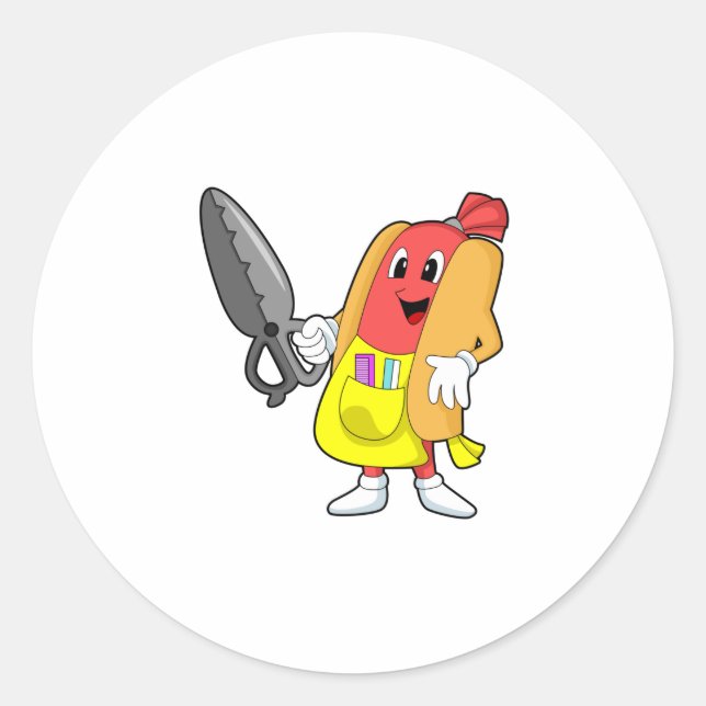 Sticker Rond Hotdog comme coiffeur avec ciseaux (Devant)