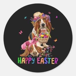Sticker Rond Hound Dog Bunny Costume de Pâques Rabbit Joyeux Pâ