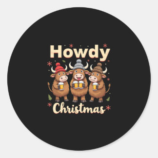 Sticker Rond Howdy Christmas Funny Highland Cow Xmas Cows Lover