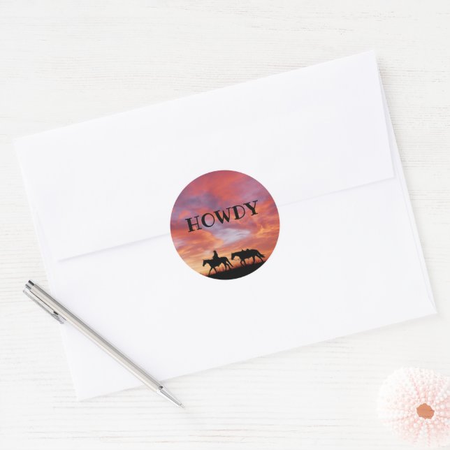Sticker Rond Howdy Cowboy Horse Western Sky (Enveloppe)