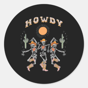Sticker Rond Howdy Cowboy Skeleton Dancing Country Western Hall