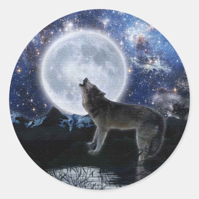 Sticker Rond Howling Grey Wolf & Moon (Devant)