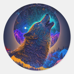 Sticker Rond Howling Wolf Surreal Imaginaire