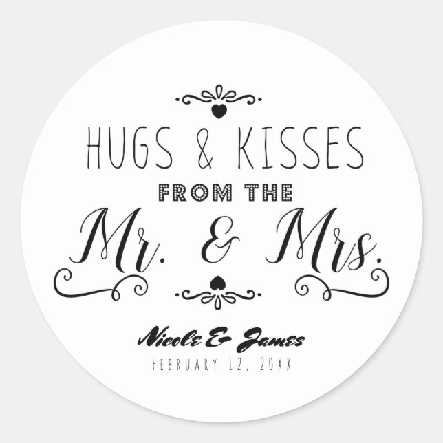 Sticker Rond HUGS & KISSES De la MR. & MRS. Faveur de mariage (Devant)