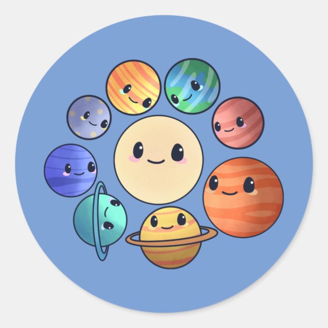 Sticker Rond Huit Planètes Système Solaire Garçon Fille (Devant)