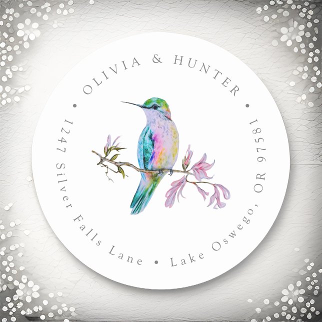 Sticker Rond Hummingbird Mariage Couple Names Adresse de retour (Créateur téléchargé)