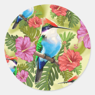 Sticker Rond Hummingbird resting and Hibiscuses
