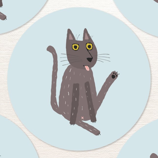 Sticker Rond Humour drôle de chat (Fun kitty cat washing humor stickers)