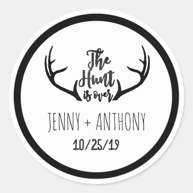 Sticker Rond "Hunt is Over" Rustic Antler Enregistrer le phoque (Devant)