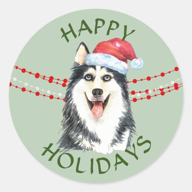 Sticker Rond Husky Chien Santa Hat Joyeuses Fêtes (Devant)