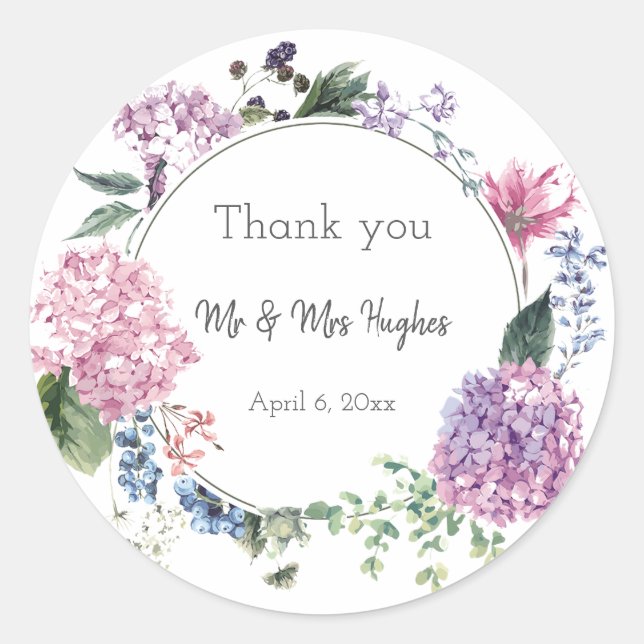 Sticker Rond Hydrangea fleur couronne thème mariage merci (Devant)