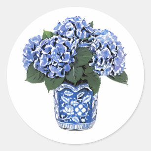 Sticker Rond Hydrangées bleues dans un pot en céramique fleurie
