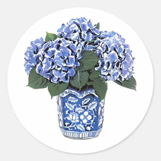 Sticker Rond Hydrangées bleues dans un pot en céramique fleurie (Devant)