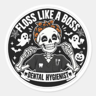 Sticker Rond Hygiéniste dentaire squelette d'Halloween 