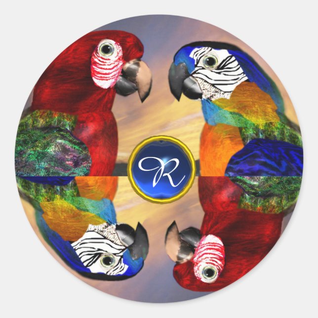 STICKER ROND HYPER PARROTS /ROUGE ET BLEUE ARA GEMSTONE MONOGRA (Devant)