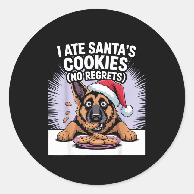 Sticker Rond I Ate Santas Cookies Puppy Funny Christmas German  (Devant)