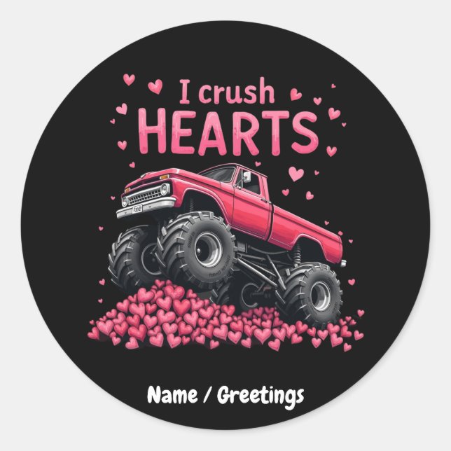 Sticker Rond I Crush Hearts Funny Monster Truck Valentine’s (Devant)