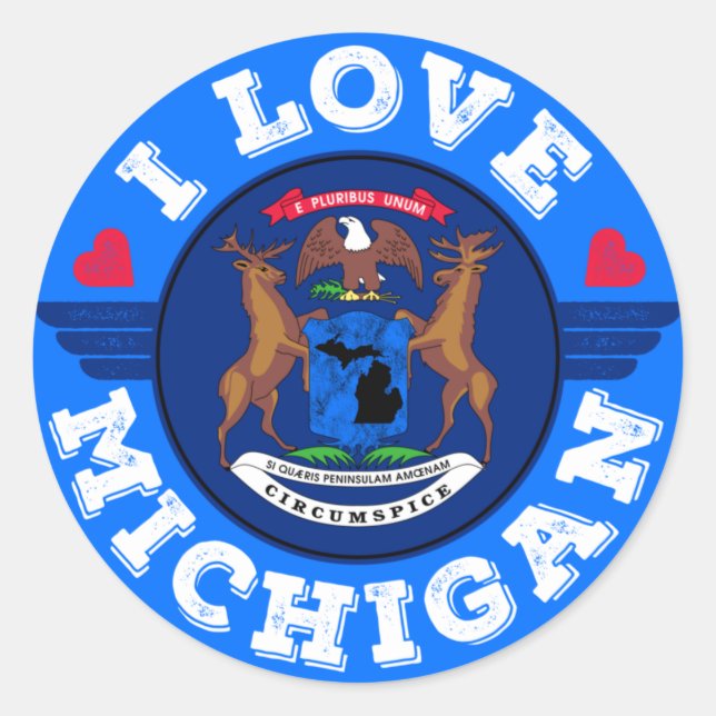 Sticker Rond I Love Michigan State Map and Flag (Devant)